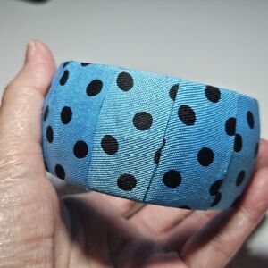 Blue And Black Polka Dot Fabric Ribbon Wrapped Bracelet 8"